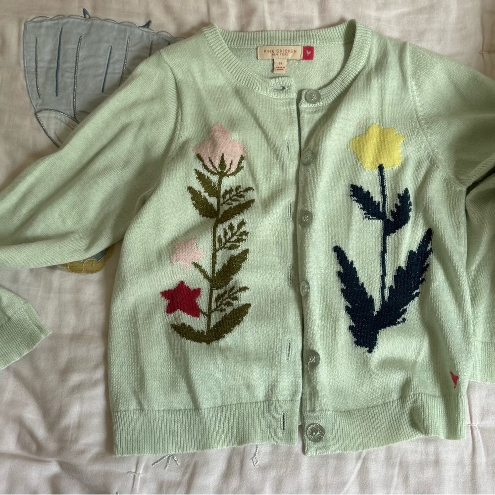 Pink Chicken Floral Embroidered Green Sweater